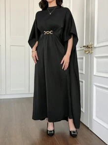 Women's Black Waist Pleated Cape Sleeve Arabic Abaya Dress - Black - View 6