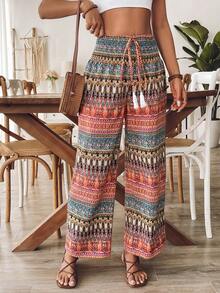 女式休闲印花抽绳腰阔腿裤 - 彩色 - 查看 4