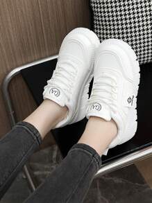 新款春秋女鞋时尚透气学生厚底拼布运动鞋休闲百搭纯白鞋 - 白色 - 查看 9