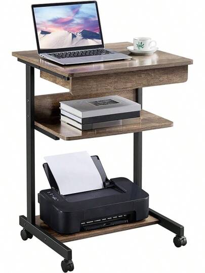 Topeakmart Mobile Compact Computer Desk Cart Small Spaces, Work Workstation, Writing Desk Table With Drawers And Printer Shelf On Wheels
