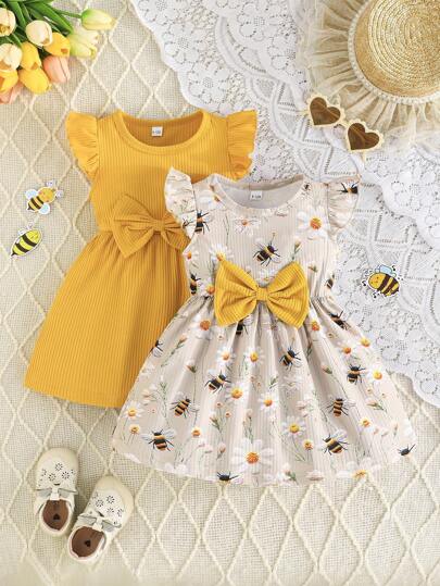 2 件套婴儿/女婴可爱盖袖甜美蝴蝶结纯色 + 蜜蜂印花休闲户外连衣裙