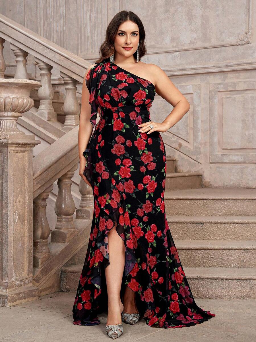 Plus Size One-Shoulder Jacquard Maxi Prom Dress, Party Dress, Wedding Guest Dress