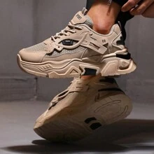 Multi Functional Thick Soled Men's Skateboarding Shoes Sports Shoes, Breathable Mesh Upper And Durable PU/Rubber Sole, Lace Up Casual Sports Shoes With Blue Decoration, Very Suitable For Casual Wear, Versatile Shoe Accessories - 卡其色 - 查看 5