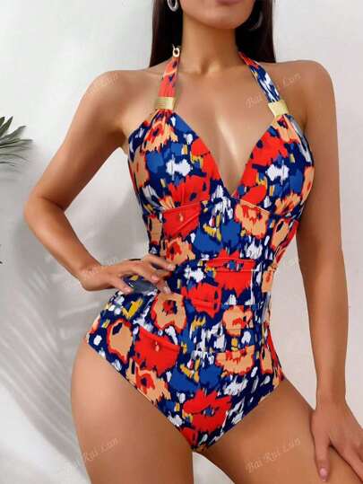 New Summer Women Halter One-Piece Sexy Swimsuit, Backless Beach Holiday Swimming Costume, Fashionable Leopard Print Monokini