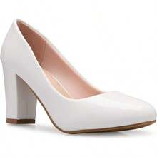 Tacones de plataforma de punta redonda clásicos para mujer con tacón alto en bloque - Adorable,-2025 - Patente blanca - Ver 1