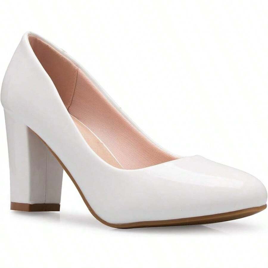 Tacones de plataforma de punta redonda clásicos para mujer con tacón alto en bloque - Adorable,-2025 - Patente blanca - Ver 1