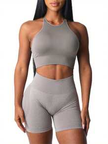 Sports Bras For Women Solid Color Sleeveless Workout Yoga Bra Fitness Sport Seamless Bralette Underwear Running Bras - 卡其色 - 查看 4