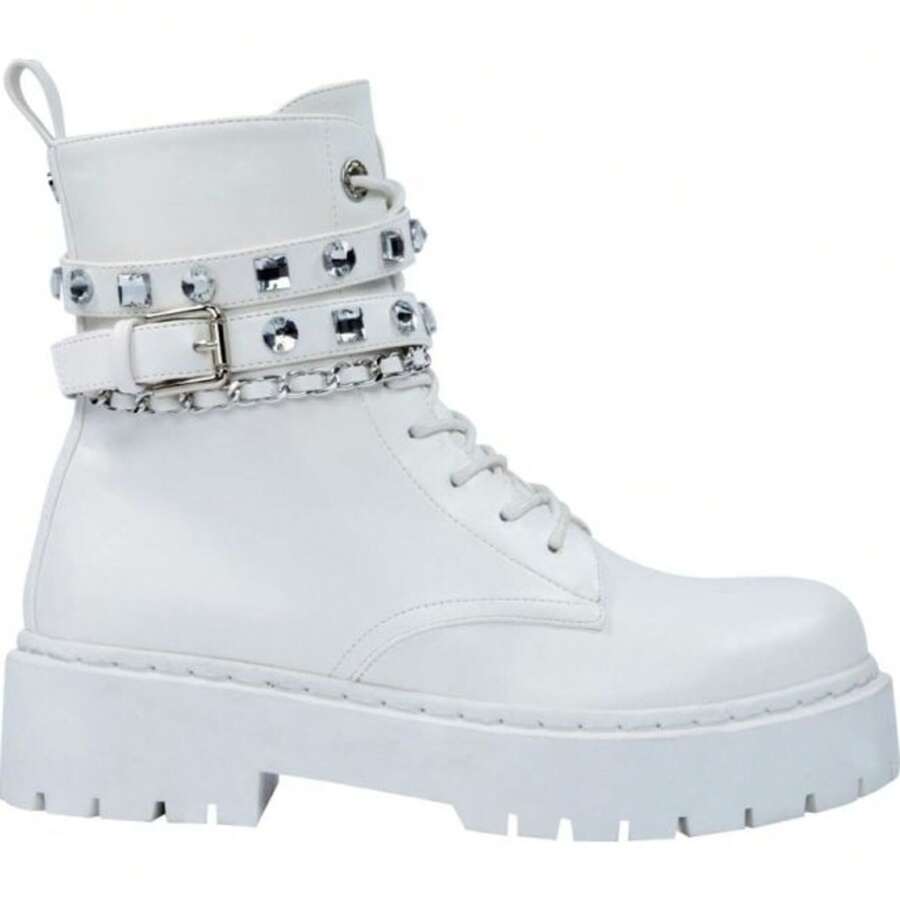 Women's Military Style Boots With Chain And Rhinestones, With Laces, White, Mod. 1143009 - 白色 - 查看 1