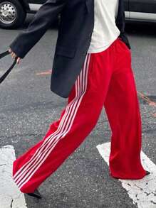 Women's Side Striped Pants Loose Elastic Waist Drawstring Straight Leg Casual Sweatpants With Pockets Y2k Track Pants Baggy Striped Joggers