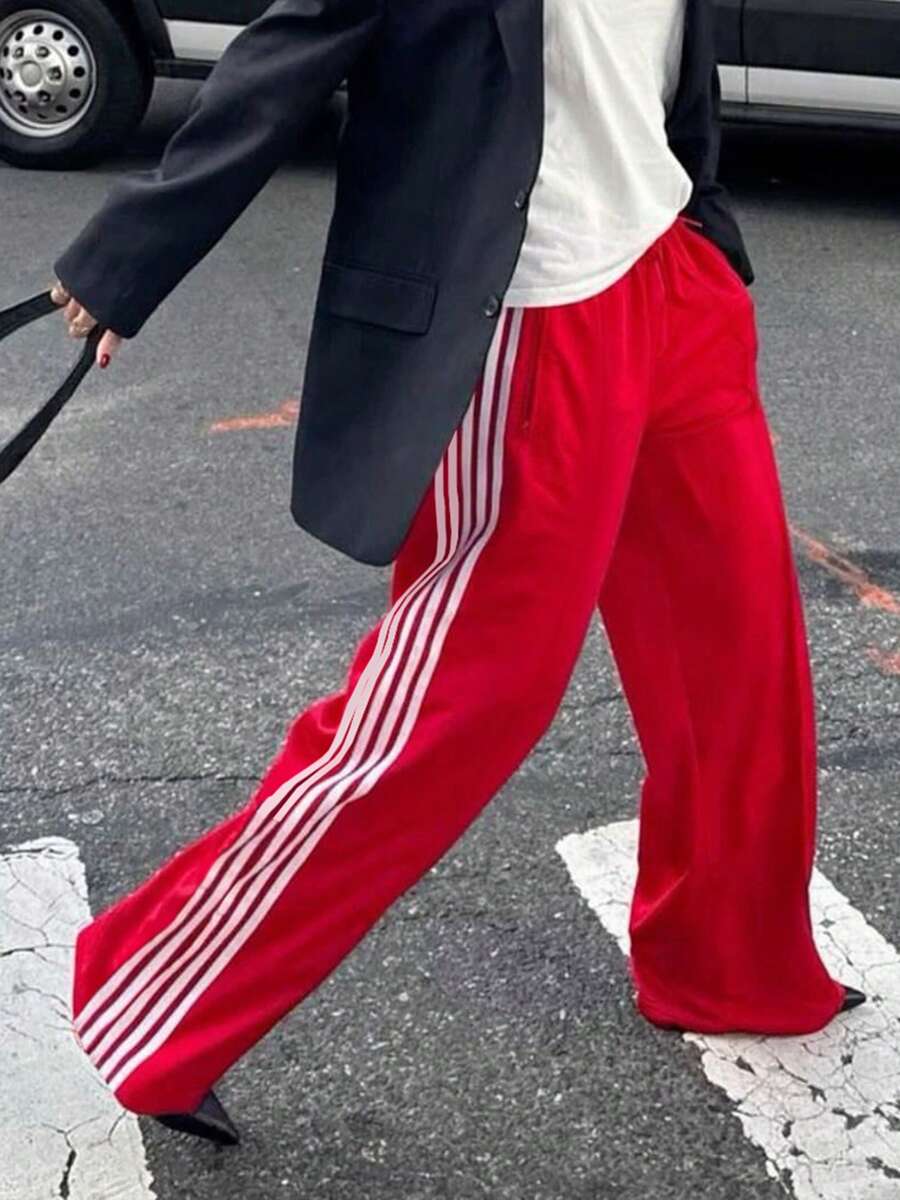 Women's Side Striped Pants Loose Elastic Waist Drawstring Straight Leg Casual Sweatpants With Pockets Y2k Track Pants Baggy Striped Joggers