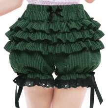 Womens Lolita Bloomers Ruffles Pumpkin Pants Bottom Shorts Lace Trim Layered High Waist Shorts Pettipants - 綠色 - 查看 6