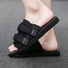 Men's Fashionable Hook Buckle Canvas Slip-On Adjustable Slippers, Casual Couple Beach Sandals For Indoor/Outdoor Wear