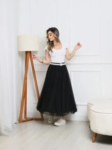 Lined Tulle Midi Skirt Summer Fashion Evangelical Executive Uniform Long Party - màu đen - Xem 3