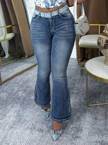Stretch Fabric Embroidered Flare Jeans For Women With Pockets Stylish, Comfortable Denim For A Flattering Fit - 中等水洗藍 - 查看 2