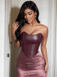 Y2K 复古下摆骨架系带露背 PU 皮革紧身胸衣塑身衣短款抹胸音乐节