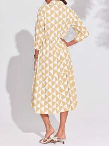 Popular Bohemian Midi Shirt Dress Long Sleeve Color Block Button Down Beach Design - Beige - View 4