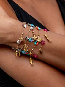 女士 18k 镀不锈钢不褪色海洋元素小花手链，适合约会、度假、日常佩戴，搭配沙滩饰品 - 金黃色 - 查看 3