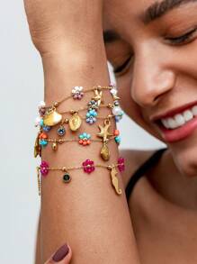 女士 18k 镀不锈钢不褪色海洋元素小花手链，适合约会、度假、日常佩戴，搭配沙滩饰品 - 金黃色 - 查看 1