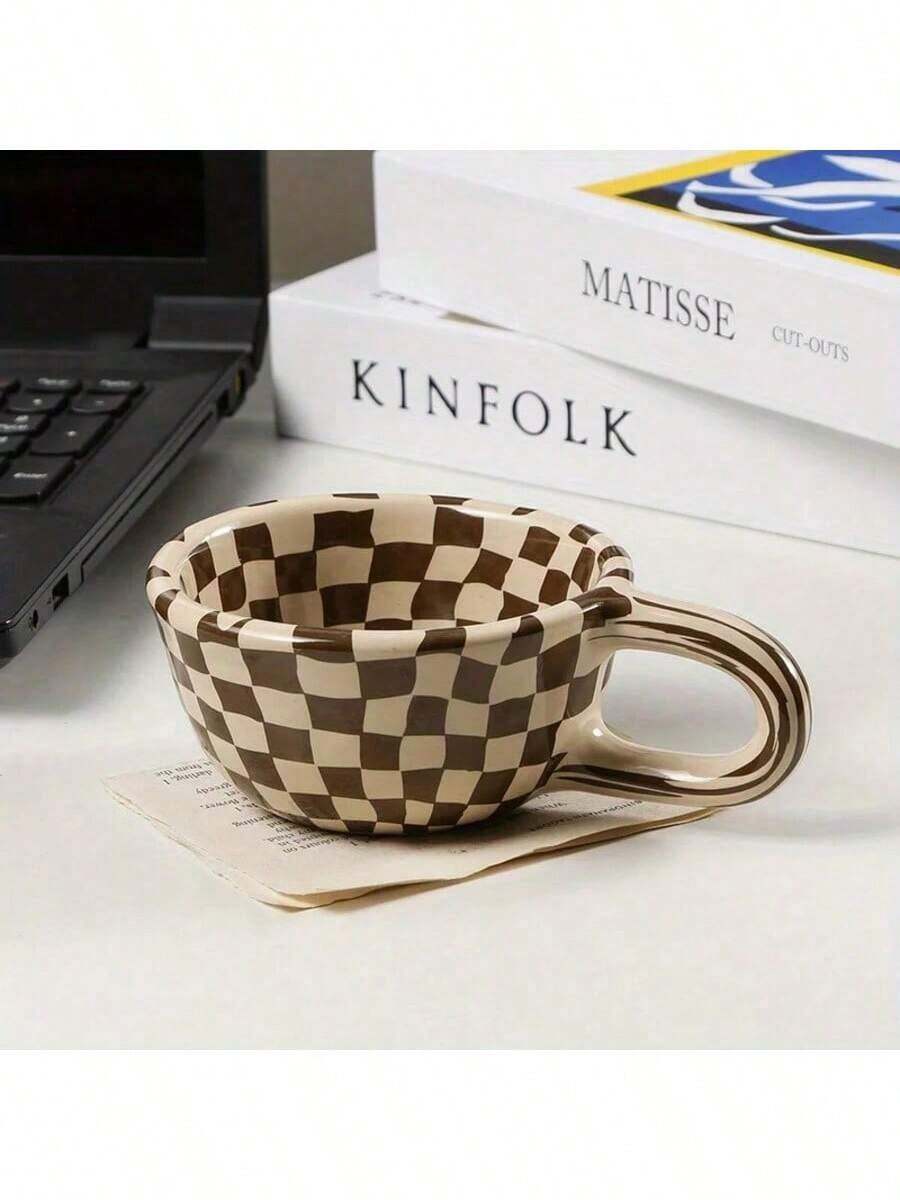1pc 200ml Coffee Mug Ceramic Coffee Cups Brown Plaid Pattern Water Cups Summer Drinkware Kitchen Stuff Home Kitchenware Gifts