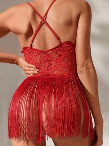 1Set Sexy Contrast Lace Lingerie Set With Deep V Tassel Slip Dress And Thong For Women, Rave, Baddie Look