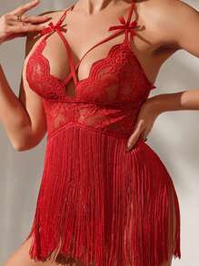 1Set Sexy Contrast Lace Lingerie Set With Deep V Tassel Slip Dress And Thong For Women, Rave, Baddie Look