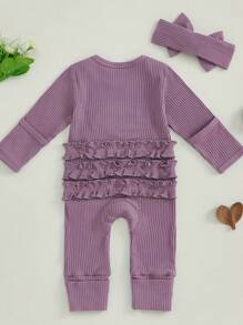 Baby Girl Winter Clothes Newborn Little Sister Going Coming Home Outfit Ruffle Mitten Romper Cute Ribbed Jumpsuit - Màu tím - Xem 2
