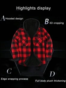 Camisa con capucha de franela engrosada para hombre, abrigo con forro térmico a cuadros de manga larga para el invierno - Rojo - Ver 6