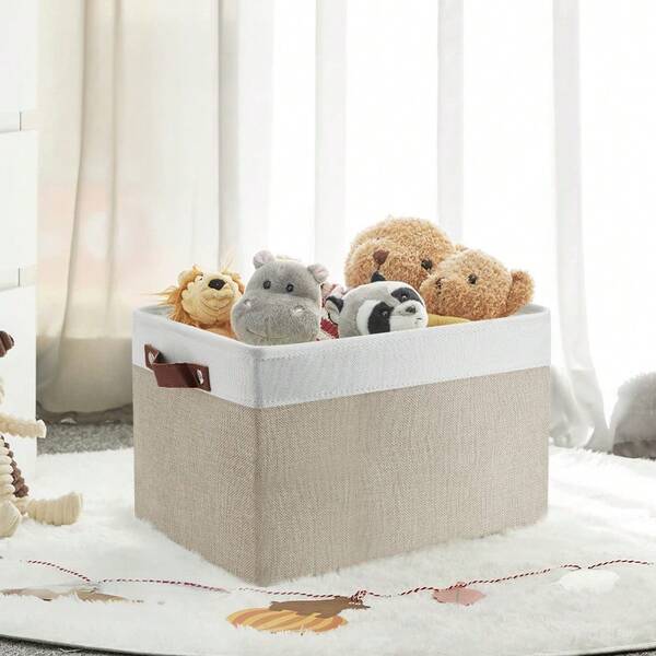 LIVINGANDHOME Living And Home Storage Basket,White & Beige Contrast,Foldable,PU Leather Handles,Cotton-Linen Blend,Easy Storage,Modern Style,Toys,Cosmetic,Sundries Organizer,Suitable For Nursery, Living Room, Bathroom