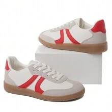 Women's Red Black Leopard Beige Gold Retro German Trainers – Lace-Up Low-Top Casual Sneakers [Size Up Half Size] - 紅色 - 查看 4