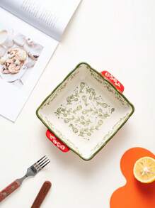 Assadeira quadrada de cerâmica pintada à mão com padrão floral vintage vermelho e alças, utensílios de cozinha para salada, grelhados, assados, sobremesas e pizzas, adequada para forno e micro-ondas
