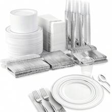 1200pcs Silver Dinnerware Set For 150 Guests, Disposable Plastic Plates For Party, Include: 150 Dinner Plates, 150 Dessert Plates, 150 Paper Napkins, 150 Cups, 150 Silverware Set 300 Forks, 150 Spoons, 150 Knives. - 50 份 - 查看 2