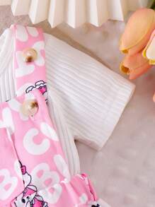 2pcs/Set Baby Girl Casual Solid Ribbed Short Sleeve T-Shirt And Cartoon Rabbit Bear Letter Print Pocket Overall Shorts Set
