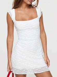 Women Bodycon Dress, Sleeveless Square Neck Backless Flower Slim Fit Mini Dress Clubwear - 白色 - 查看 5