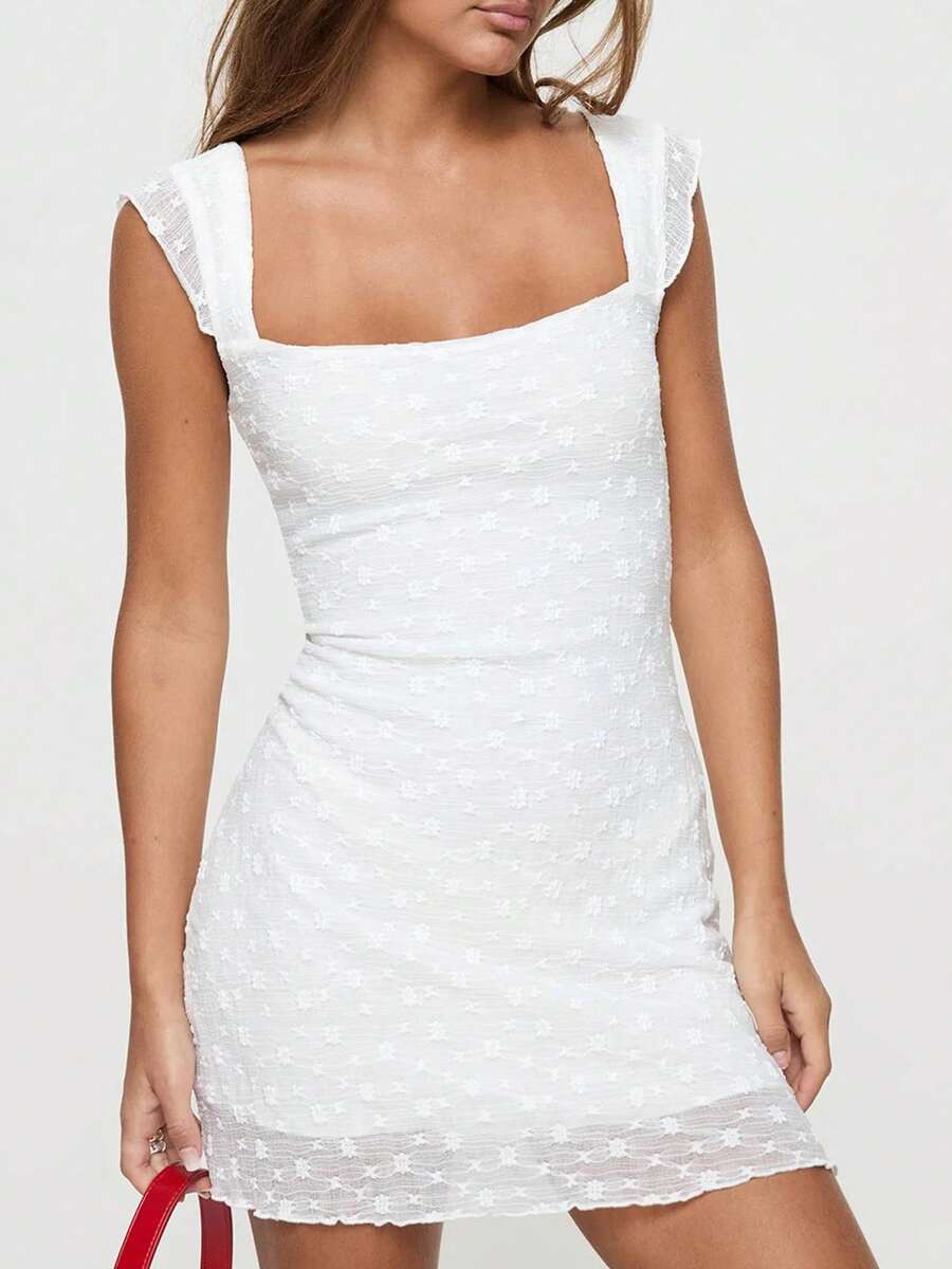 Women Bodycon Dress, Sleeveless Square Neck Backless Flower Slim Fit Mini Dress Clubwear - 白色 - 查看 1