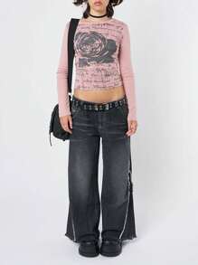 Women's Spring Summer Fitted Crop Tops Long Sleeve Crewneck Graphics Print Slim T-Shirt - Pink - View 5