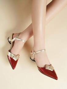 Red Pointed Toe High Heels For Women, Thick Heels Fashion Ankle Strap Closed Toe Pumps