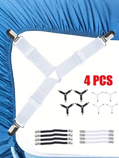 4 Pcs/Pack Bed Sheet Fasteners, Adjustable Elastic Triangle Metal Fixing Clip,Flexible Bedding Suspenders Gripper Holder Straps Clip,Curtains Sofa Mat Fixing Device,Practical Invisible Non-Slip Sheet Straps