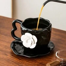 1 件优雅欧式手工 3D 白色和黑色玫瑰陶瓷咖啡杯碟套装 - 彩色 - 查看 6