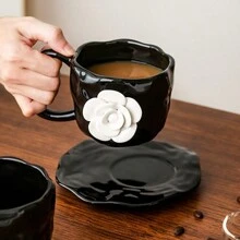 1 件优雅欧式手工 3D 白色和黑色玫瑰陶瓷咖啡杯碟套装 - 彩色 - 查看 7