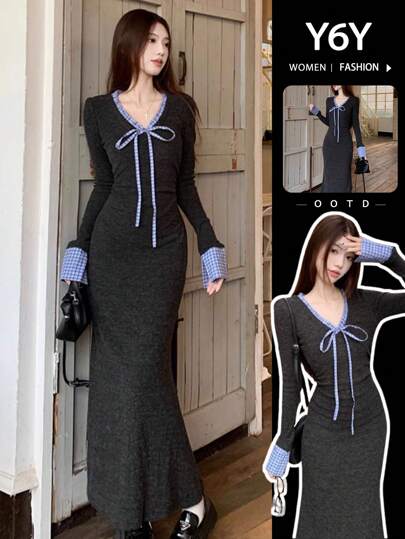  [Y6Y] 女士V领长袖连衣裙，系带领设计，撞色喇叭袖口，适合休闲穿着，春季