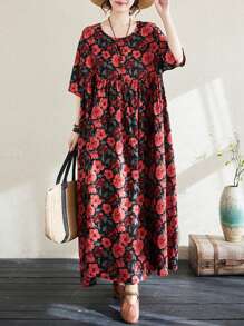 Topy, Topy, Czeskie Sukienki Damskie Casual, 2025 Lato Nowe Okrągłe Dekolty Nadruk Mankiety Luźne Przewiewne Spódnice, Casualowe Sukienki Na Plażę Z Krótkim Rękawem