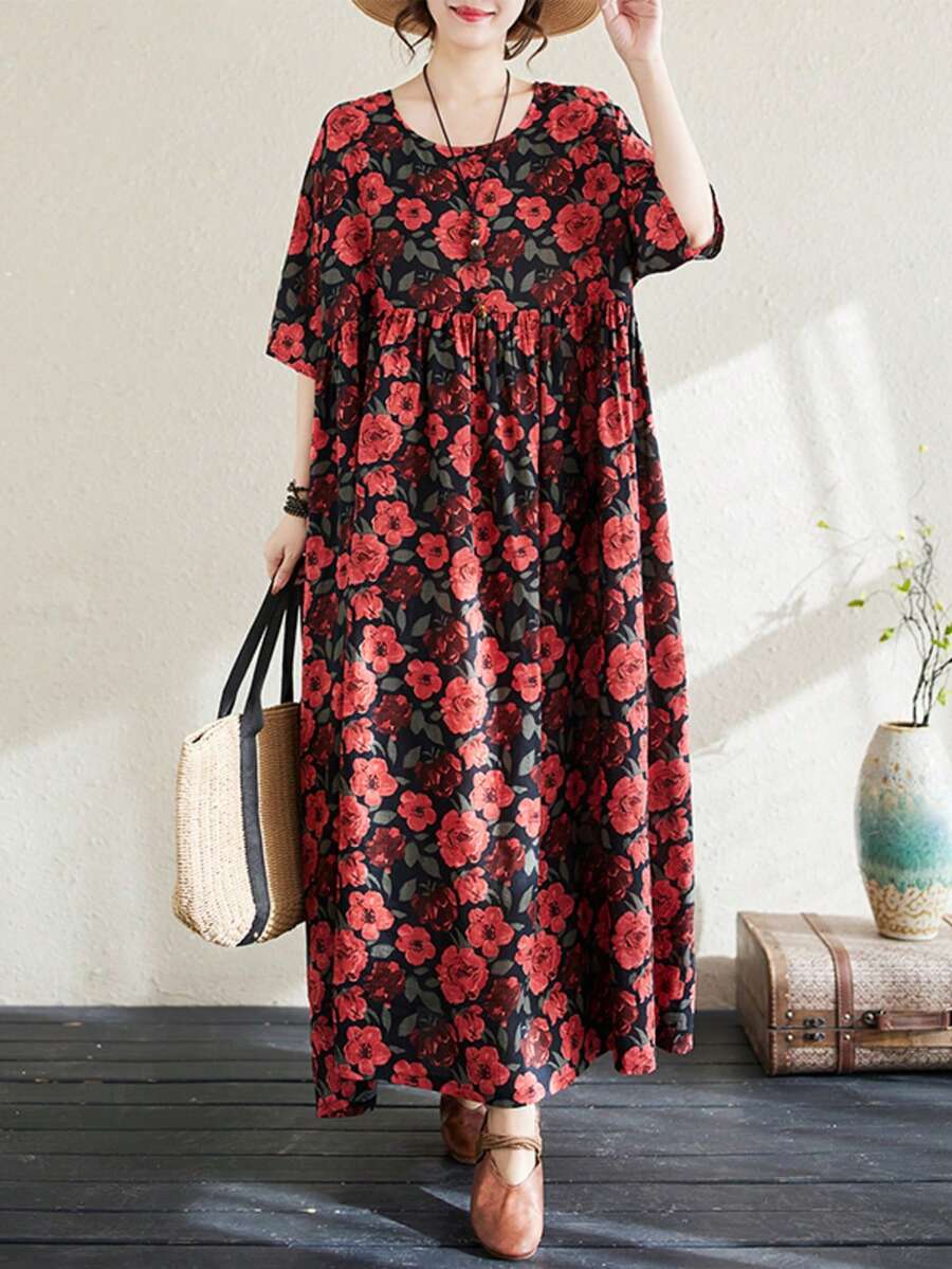 Topy, Topy, Czeskie Sukienki Damskie Casual, 2025 Lato Nowe Okrągłe Dekolty Nadruk Mankiety Luźne Przewiewne Spódnice, Casualowe Sukienki Na Plażę Z Krótkim Rękawem