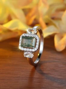 1 件 925 纯银矩形天然海藻玛瑙 CZ 密镶订婚戒指，天然海藻玛瑙戒指，时尚女士戒指，结婚戒指，周年纪念礼物 - 天然瑪瑙花紋都是不同的 - 查看 2