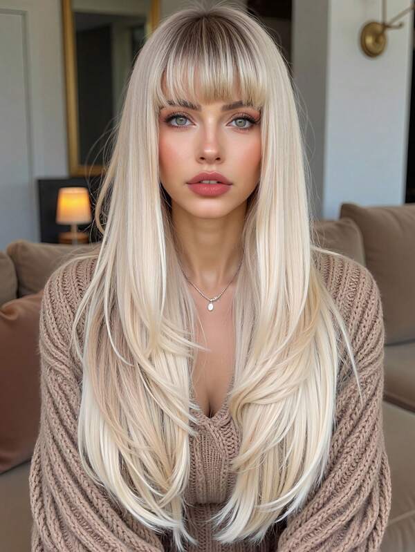 1 pieza Peluca sintética larga y recta de 26 pulgadas de color rubio claro con raíces oscuras, tipo ombre dorado, con capas, realista y natural, hecha de fibra, adecuada para uso en fiestas, festivales y cosplay de mujeres