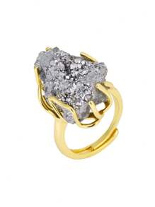 1pc CSJA Druzy Crystal Stone Ring For Women Girl Luxury Gold Color Asymmetric Natural Stone Rainbow Drusy Finger Ring Jewelry Valentine Gift H558