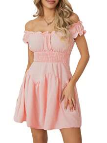 Women Flowy Pirate Dress Fairy Short Sleeve Y2k Off Shoulder Ruffle Corset Mini Dresses - 粉色 - 查看 3