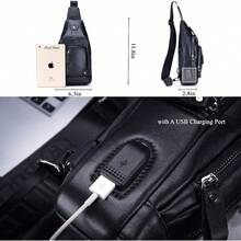 Genuine Leather Sling Bag With USB Charging Port Multi-Pocket Chest Bag For Men Hiking Travel Daypack XB-129 - Magic Black - View 3