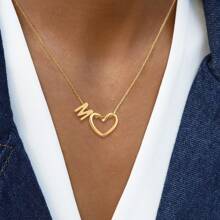 1 件简约经典时尚金色镂空心形字母吊坠不锈钢链条项链女式