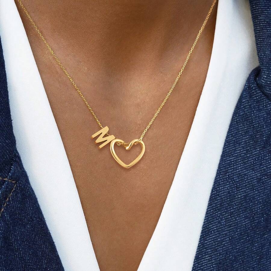 1 件简约经典时尚金色镂空心形字母吊坠不锈钢链条项链女式