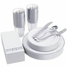 1200pcs Silver Dinnerware Set For 150 Guests, Disposable Plastic Plates For Party, Include: 150 Dinner Plates, 150 Dessert Plates, 150 Paper Napkins, 150 Cups, 150 Silverware Set 300 Forks, 150 Spoons, 150 Knives. - 50 份 - 查看 1